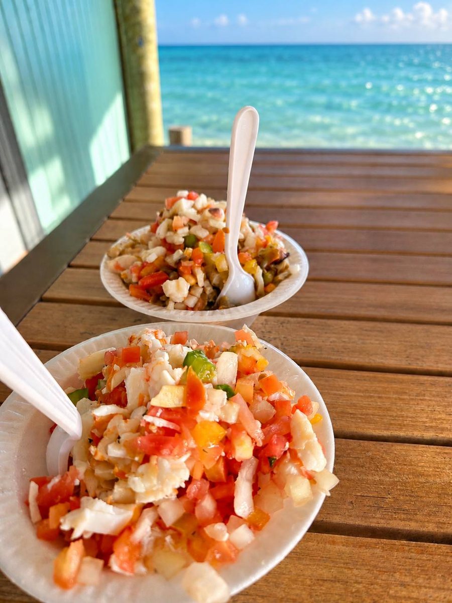 Two bowls of fresh conch salad on a wooden table overlooking turquoise water in Bimini, The Bahamas.