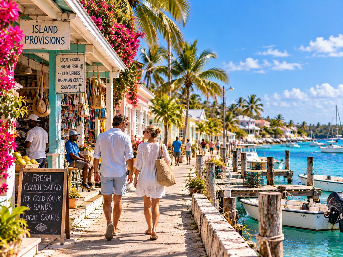 A couple walking a Bahamian waterfront street past a local provisions shop, with fishing boats and turquoise water beyond