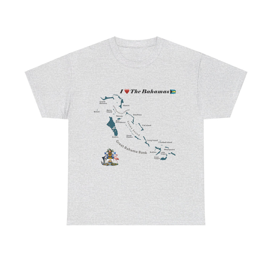 Bahamas Archipelago Tee, heather grey shirt printed with a map of the Bahamas islands
