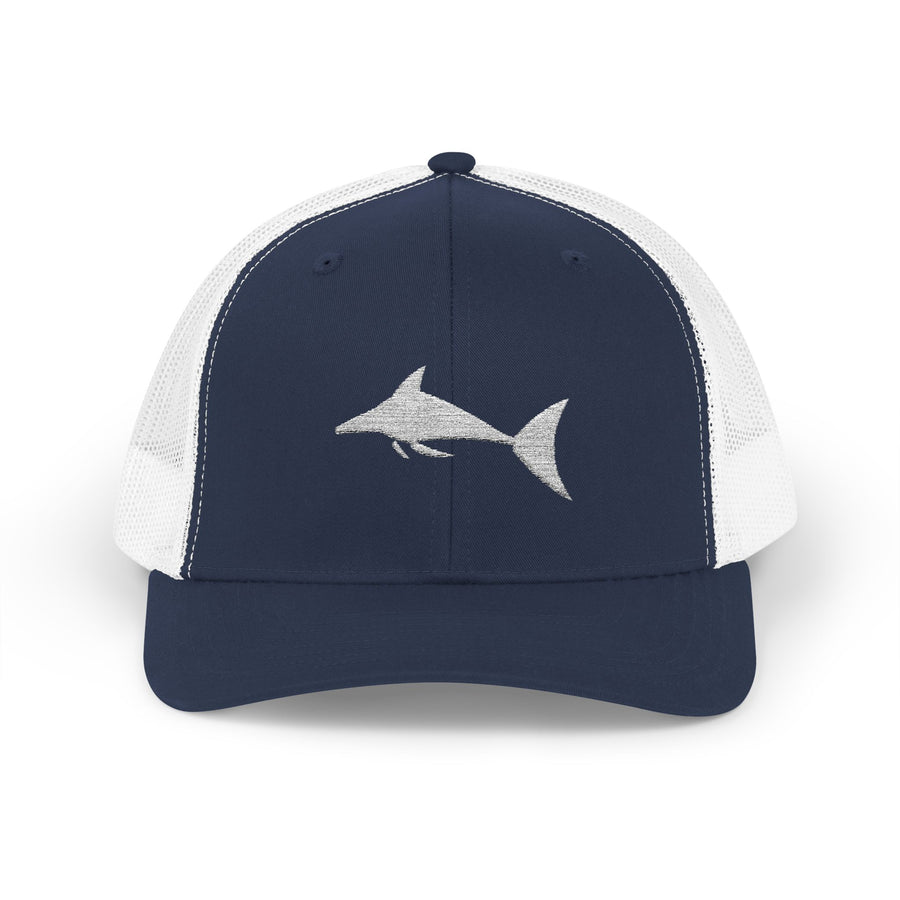 Blue Marlin embroidered trucker cap in navy and white